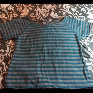 Turquoise and grey striped, longer crop top.